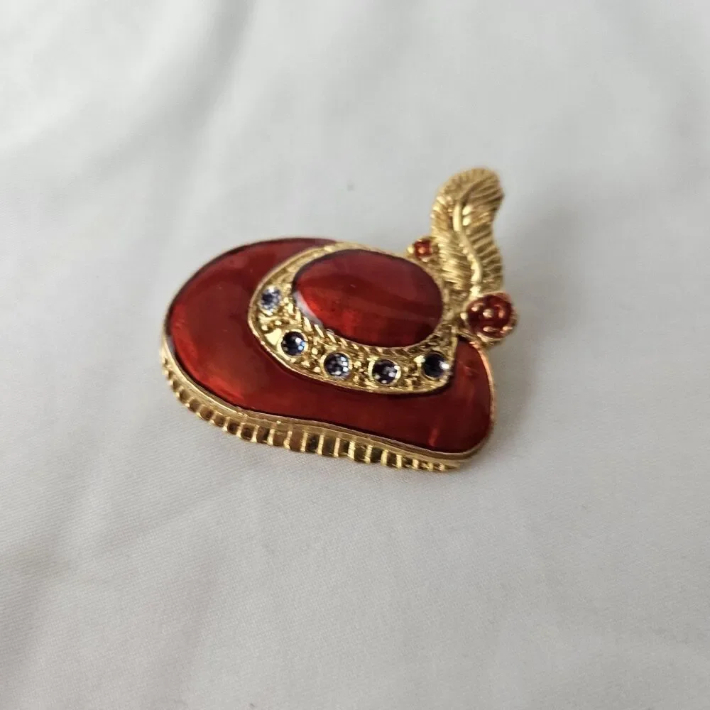 Vintage Rhinestone Red Hat With Feather Brooch